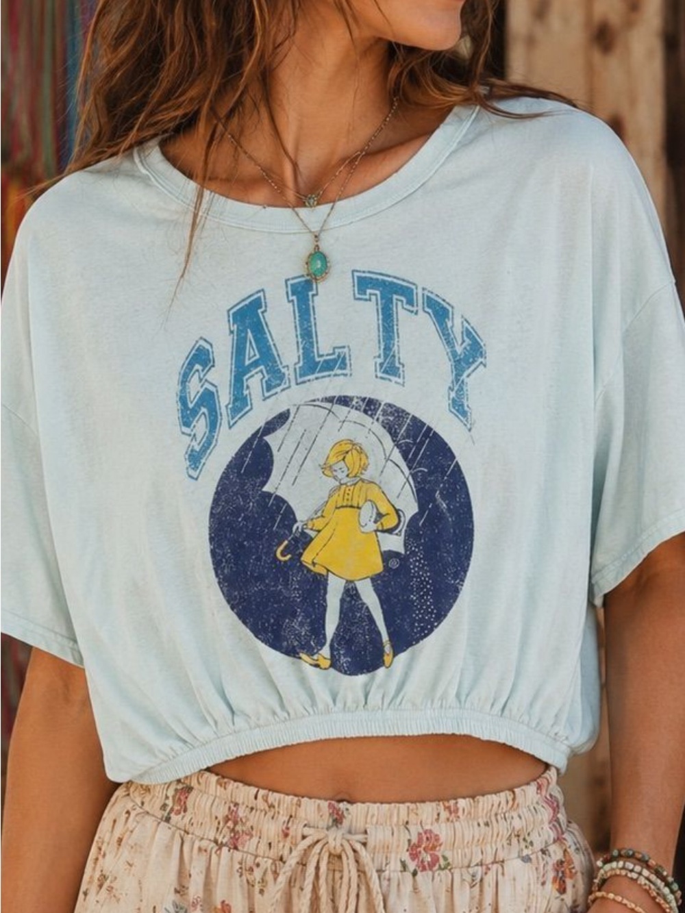 aerie Light Blue 'Salty' Graphic Crop Top with Yellow Accent